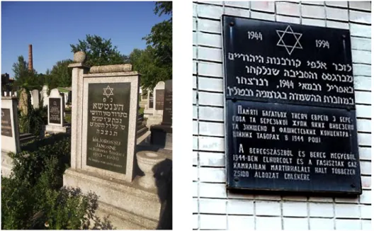 19. és 20. fotó. Héber írás Beregszászban: sírkő a zsidó temetőben és az elhurcoltak emléktáblája 