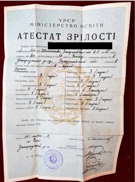 51. fotó. Egy 1962-ben a magyar tannyelvű Csapi 2. Sz. Középiskolában kiadott érettségi bizonyít- bizonyít-vány ukrán nyelvű előoldala 