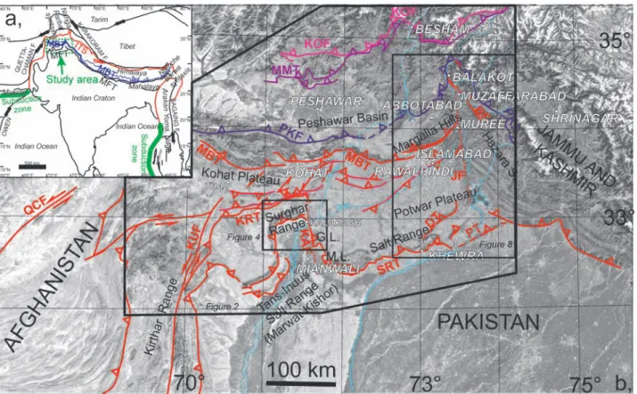 Figure 1. Location map. a) Main structures of the Himalayan region, after B AJOLET et al