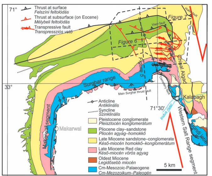 4. ábra. A Surghar Range – Western Salt Range terület egyszerüsített földtani térképe, G EE (1980), D ANILCHIK &amp; S HAH (1987), nyomán, saját megfigye lé - -sekkel módosítva
