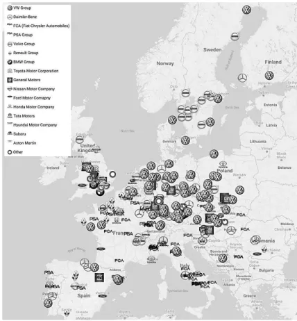Figure 2. Map of current locations of car manufacturing companies in the EU Source: Own editing based on Google Maps.
