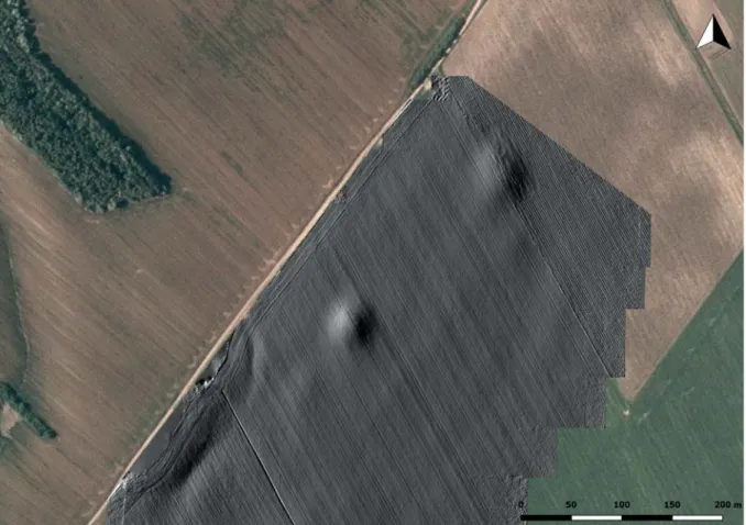 Fig. 8: Tumulus group ‘F’ (cf. ﬁ g. 2) on the DSM, generated on the basis of drone  photographs (László Rupnik, March 2019; source of the background: 