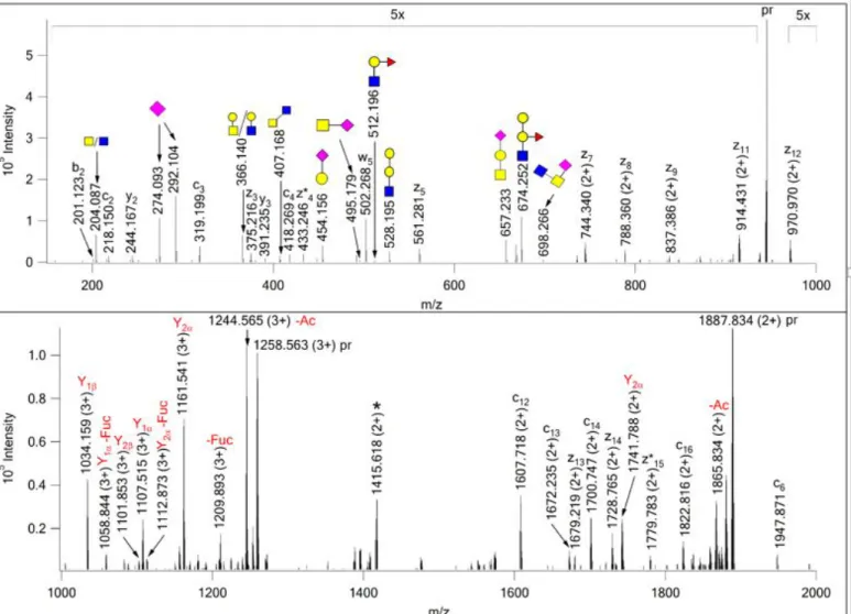 Figure 6. EThcD spectrum of m/z 944.178 (4+) manually assigned as  345 SLTVS*LGPVSKT*EGFPK 361 from Protein HEG homolog 1 (Q9ULI3), with a core 2 structure carrying a B-antigen on Ser-349 and a  sialyl core 3, GlcNAc3(NeuAc)GalNAc on Thr-356