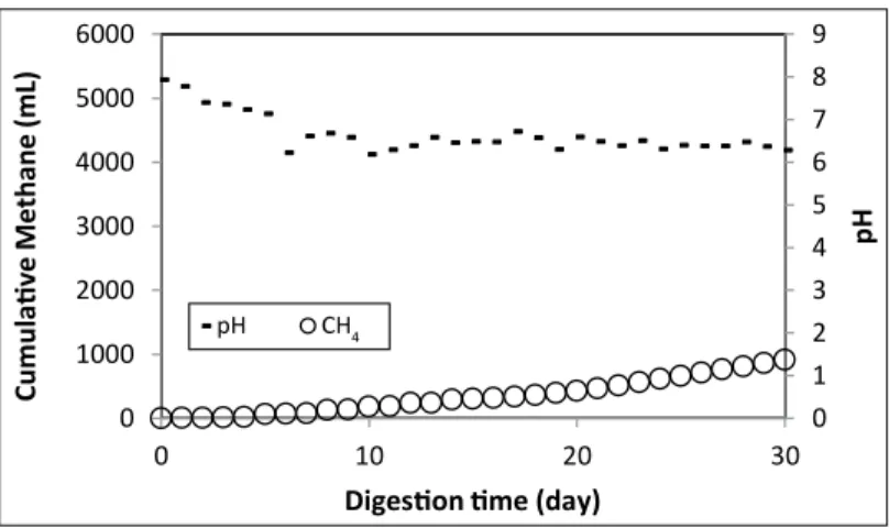Fig. 1. Cumulative methane production of anaerobic co-digestion of  leachate and starch waste