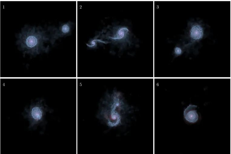 Figure 7: Stellar (red) and gas (blue) density snapshots (viewed face-on) at representative times of a 1:4 coplanar, prograde–prograde merger (first described in Capelo et al