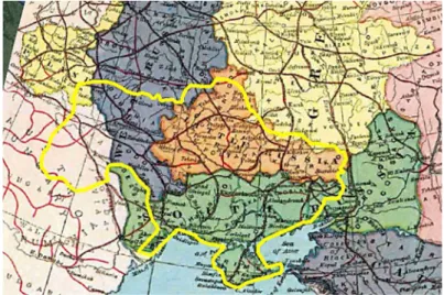 20. ábra. Az Orosz Birodalom történeti régiói és kapcsolatuk a mai Ukrajna területével  illetve az 1897-es népszámlálás adatai alapján definiált klaszterekkel 