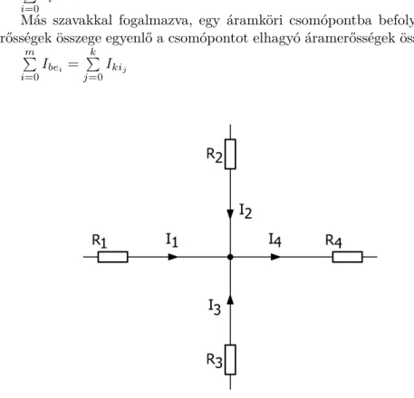 2.2. ábra. Kirchhoff csomóponti törvényét szemléltető áramkör A 2.2. ábrán látható áramkörrészletben Kirchhoff csomópontokra  vo-natkozó törvényét a következőképpen írhatjuk fel: