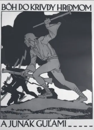 Figure 11.  God punishes treason by thunder, the brave man  by bullets. A  Czechoslovak  war  propaganda  conscription  poster by Czech painter Vojtěch Preissig (1918)
