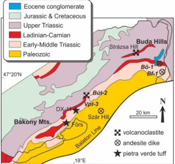 Fig. 2    Simplified geological map of the Transdanubian Range with- with-out Cenozoic sedimentary cover (after Haas et  al