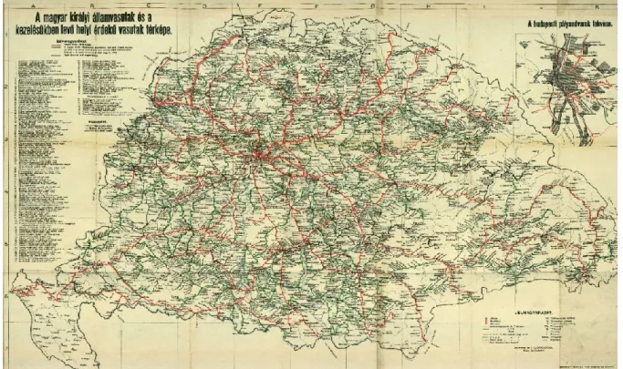 1. ábra: A magyar királyi államvasutak és a kezelésében levő helyiérdekű vasutak  térképe 1914-ben 