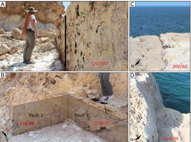 Figure 6: Faults and fissures along the coast. (A) and (B) Faults in the area around Dibab proving the youngest tectonic  activity (Location: 23°04’N/59°02’E)