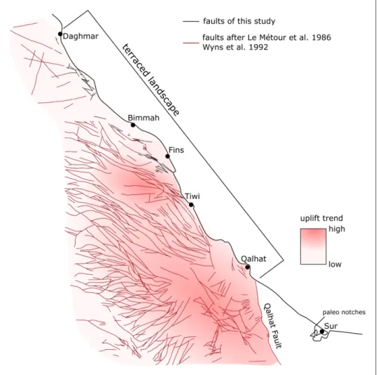 Figure 7: Radial fault pattern in the study area. The radial fault pattern derived by the geological maps after Le Métour,  de Gramont &amp; Villey (1986) and Wyns et al