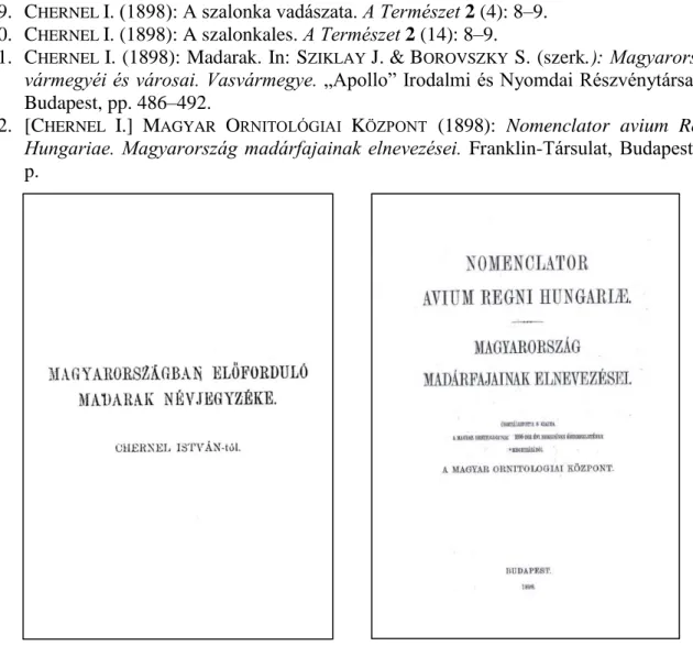 4. ábra: C HERNEL  két magyar madárnévjegyzéke (1888 és1898)  Figure 4: C HERNEL ’s two check-lists of Hungarian birds (1888 and 1898) 