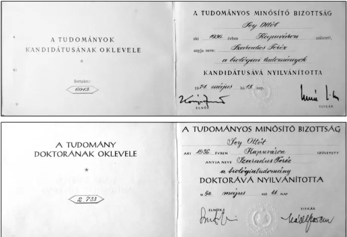 3. ábra: Sey Ottó kandidátusi és akadémiai doktori oklevele  Figure 3: Certificate of Ottó Sey on PhD (over) and DSc (below) degree 