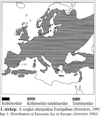 1. térkép: A szajkó elterjedése Európában (J ONSSON , 1993)  Map 1: Distribution of Eurasian Jay in Europe (J ONSSON  1993) 