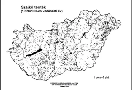 3. térkép: A szajkó elterjedése Magyarországon az 1999/2000-es vadászati év terítéke  alapján (OVA alapján) 