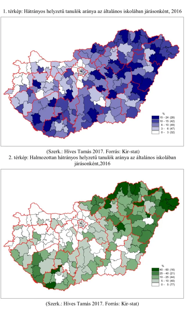 2. térkép: Halmozottan hátrányos helyzetű tanulók aránya az általános iskolában  járásonként,2016 