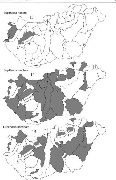 13–15. ábra – Figures 13–15.  A fajok elterjedési térképe Magyarországon – Distribu- Distribu-tion of species in Hungary: 13