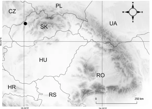 Fig. 1. Location of the Nature Reserve Krasín (black circle) within Carpathian Mts.