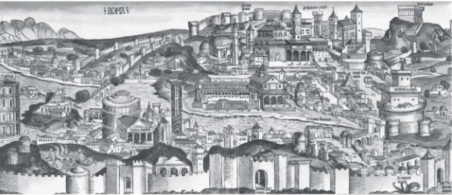4. kép. Róma ábrázolása Hartmann Schedel világkrónikájában (1493) Valamennyi Rómába zarándokló esetében azonos rítust jelentett a város fő  bazilikáinak felkeresése