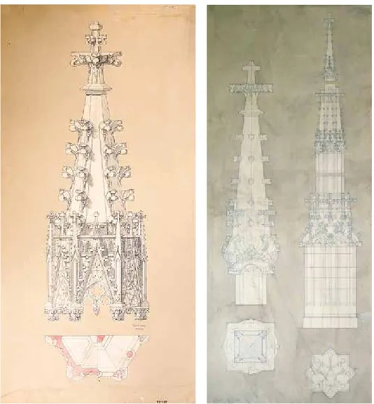 6. ábra. Gótikus részletrajzok Steindl hagyatékából és az 1930-as tablósorozatból   (forrás: Építészettörténeti Rajztár 104038 és 103251)