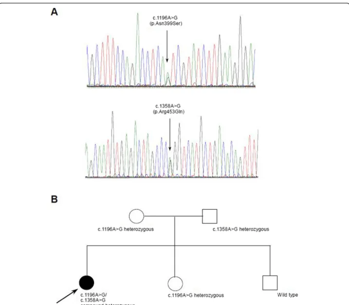 Fig. 4 a Sanger traces of the identified mutations b pedigree information with segregation information