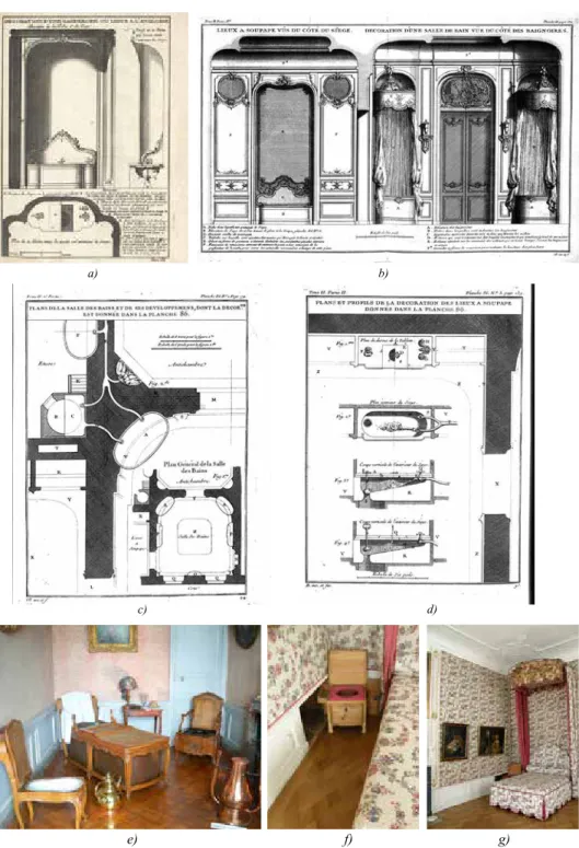 13. ábra. Higiénés felszerelések ábrázolásai a 18. századi francia formakönyvekben: a) Daviler  (1759); b)–d) Blondel (1738); és korabeli példái: e) fürdőkabinet; f)–g) árnyékszékláda és elhelyezése