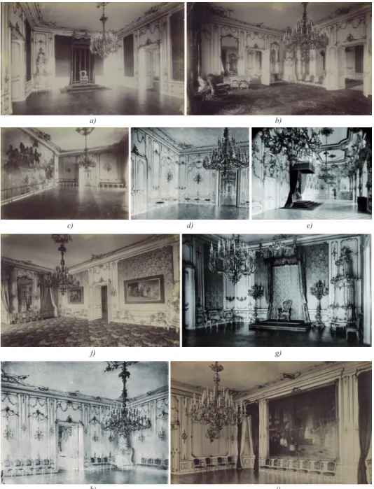 7. ábra. Elő- és társasági termek a budavári királyi palotából: a), g) kis kihallgatási terem  (kis trónterem); b), f) szalonok; c)–d), h)–i) előtermek; e) kihallgatási nagyterem (nagy trónterem)