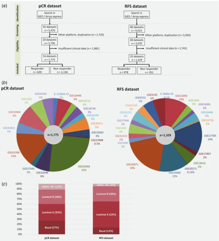 Figure 1 . Overview of database setup. Pipeline used to select samples to be included in the pathological response (pCR dataset) and in the relapse-free survival (RFS dataset) cohorts ( a ), proportion of datasets included in each cohort ( b ) and distribu
