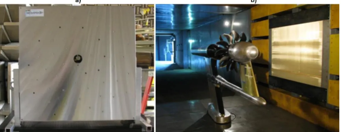 Figure 2 – a) The phased array microphone system; b) the installation of the array  in the wall of the wind tunnel together with the open rotor test rig [3] 