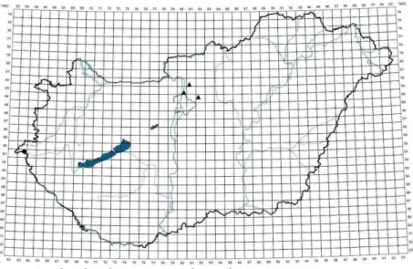 Figure  1.  The  distribution  map  of  Entodon  concinnus  in  Hungary;  ●  new  occurrence,  ▲  published  and  known  occurrences  (based  on  Pócs  et  al