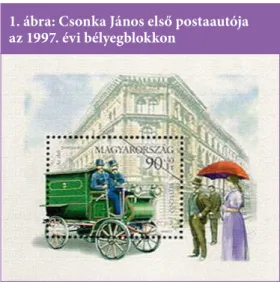 1. ábra: Csonka János első postaautója  az 1997. évi bélyegblokkon