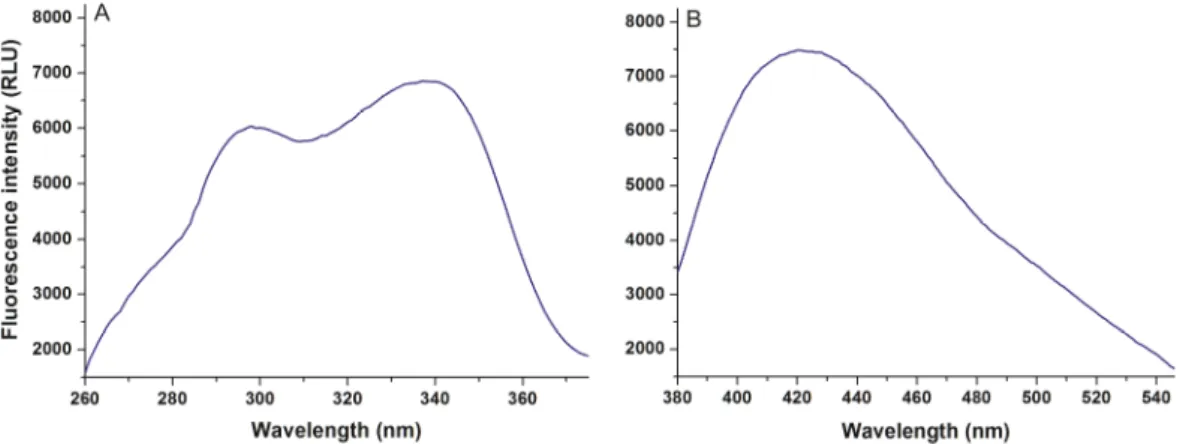 Figure 2. Fluorescence excitation (A) and emission (B) spectra of 50 μM alternariol (AOH) in  phosphate buffered saline (PBS) (pH 7.4; λ ex  = 345 nm, λ em  = 421 nm)