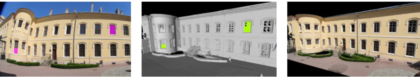Fig. 13: Pose estimation example with perspective cameras and dense Lidar data (left to right): color 2D image and 3D triangulated surface with corresponding segmented regions marked with purple and green respectively; color information projected onto 3D d