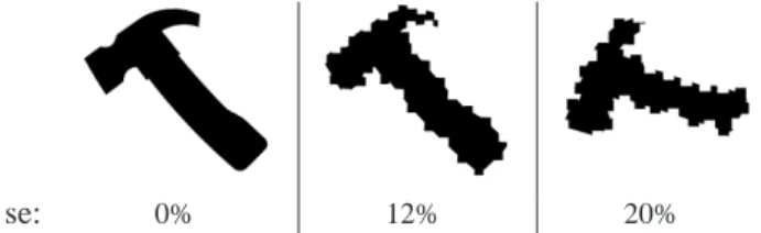 Fig. 2: Examples of various amount of segmentation errors (se). First an omnidirectional image without se, then the same test with se= 12%, lastly the same template from a perspective test case with se= 20%.