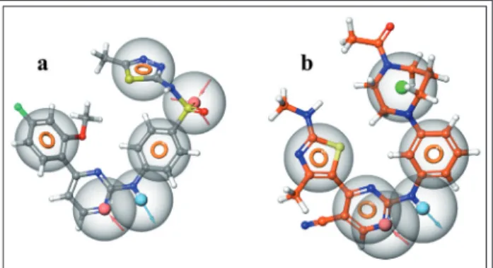Figure 6 Comparison of pharmacophore models a: Our best  (AADRRR)  pharmacophore  hypothesis  superimposed  on  compound 54 b: Pharmacophore hypothesis developed from  the 4BCF co-crystallized ligand