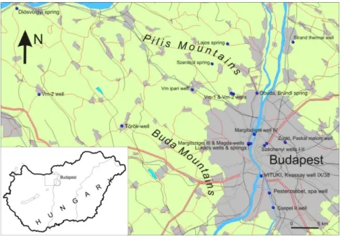 Figure 1. The location of the studied area in Hungary, and the sampling locations (blue dots) in  Budapest and its surroundings