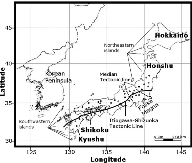 Fig 1. The Japanese islands and distribution of 110 sampling sites from where Nemouridae samples were collected (open circles).