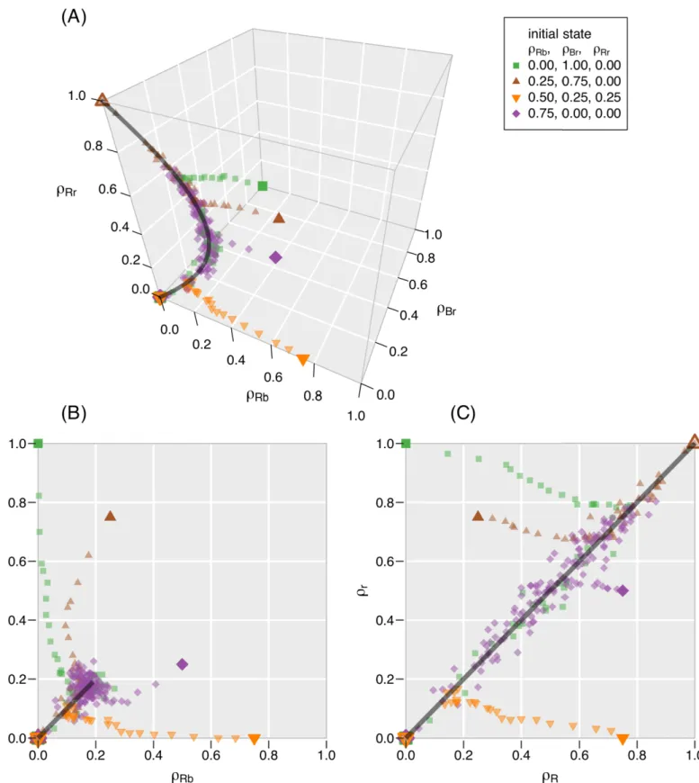 Fig 3. Changes in the composition of the group over time in four realizations of the CVM