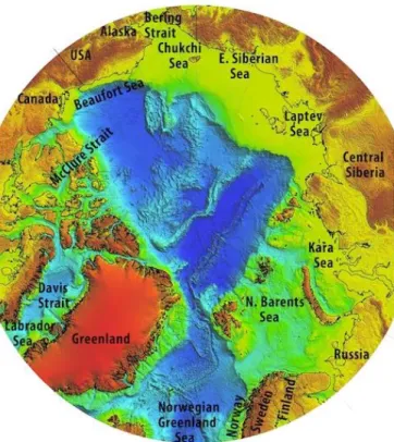 Figure 2. The peripherical parts (shelf-seas) and connections  to the Atlantic and Pacific oceans of the Arctic Ocean