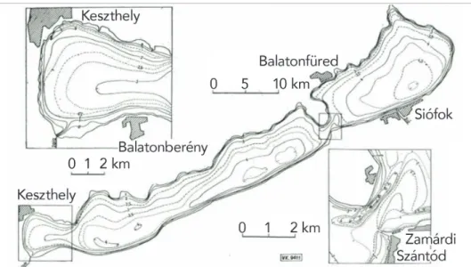 4. ábra A Balaton mélységvonalas helyszínrajza az 1974–75-ös felmérés alapján. Forrás: s ass  J