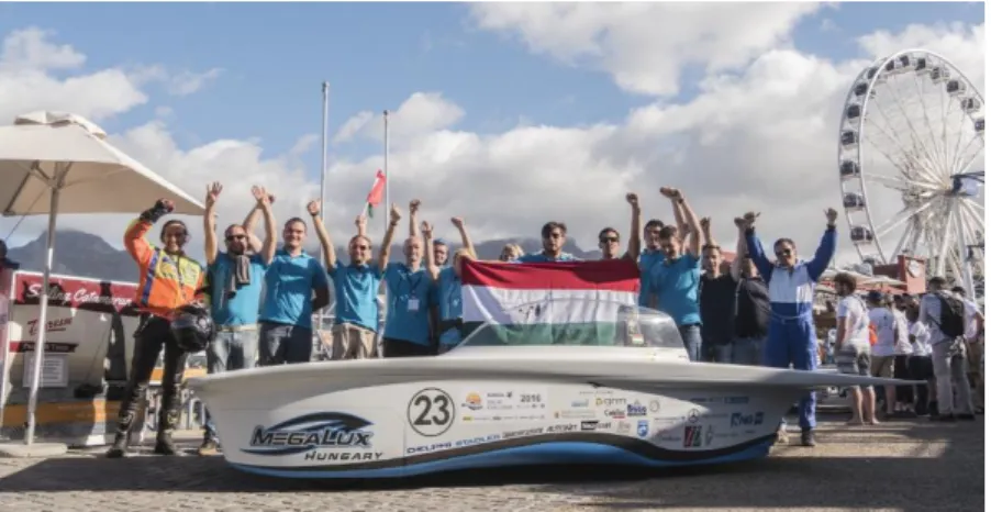 Fig. 1. The MegaLux team poses after the successful arrival of the MegaLux solar vehicle at the  finish, and winning the 3rd prize of the South African Solar Challenge 2016 in Cape Town 