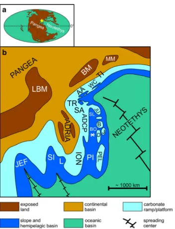 Fig. 13    Paleogeographic setting of the study area during the Late Tri- Tri-assic. a Position of the western Neotethys region