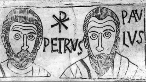 1. kép. Péter és Pál (ókeresztény sírkő részlete: Hippolitus katakomba, Róma)