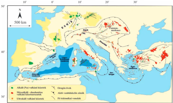 1. ábra.  A Mediterrán térség és környezetének neogén–kvarter vulkáni kőzetei (H ARANGI et al