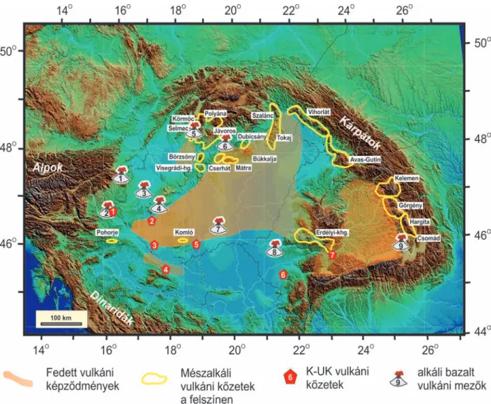 4. ábra.  A Kárpát–Pannon neogén–kvarter vulkáni képződményeinek felszíni előfordulásai