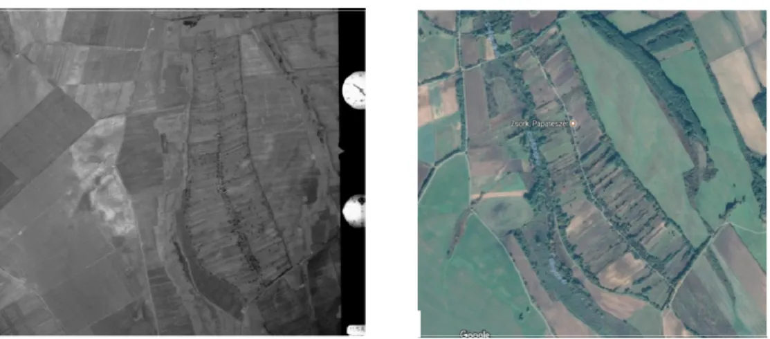 Figure 3. Aerial photographs of Zsörk in 1961 (left) and 2017 (right)  3. ábra Zsörk képe légifelvételen 1961-ből (balra) és 2017-ben (jobbra) 