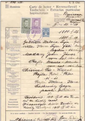 2. kép: Madary Gabriella keresztlevele Takács János plébános aláírásával, Kisjenõ, 1941