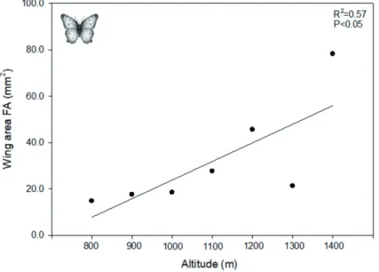 Figure 3. Relationship between fluc- fluc-tuating asymmetry (FA) in wing area  of the butterfly community and the  al-titudinal gradient of Serra de São José  mountain, Brazil.