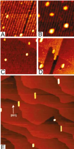 Fig. 11    The morphology of Rh/TiO 2 (110)-(1 × 2)  surfaces  prepared  by different treatments and detected by STM in cc mode: (A)  dep-osition of 0.03 ML of Rh at 330  K, followed by 10  min annealing  at 850  K; (B) after deposition of additional 0.25 